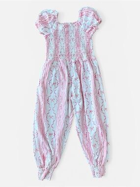 SweetHoney Pink & Light White Bow Print Smocked Puff-Sleeve Jumpsuit size 5